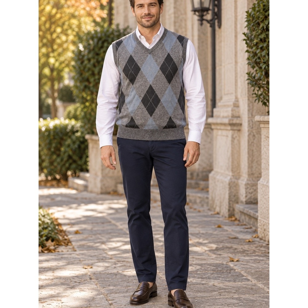 True Rock Mens Argyle Sweater Vest Grey Blue V-Neck Sleeveless Knit Size M